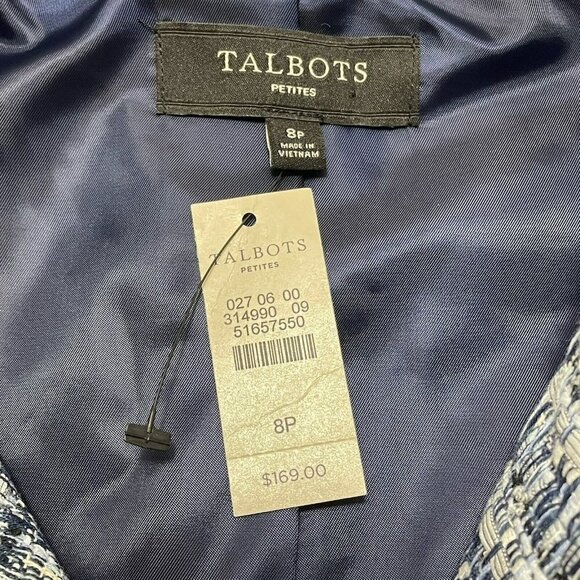 Talbots Tweed Suit Business Jacket Women Size Petite 8P Blue Pocket Grid Modern - Picture 11 of 12